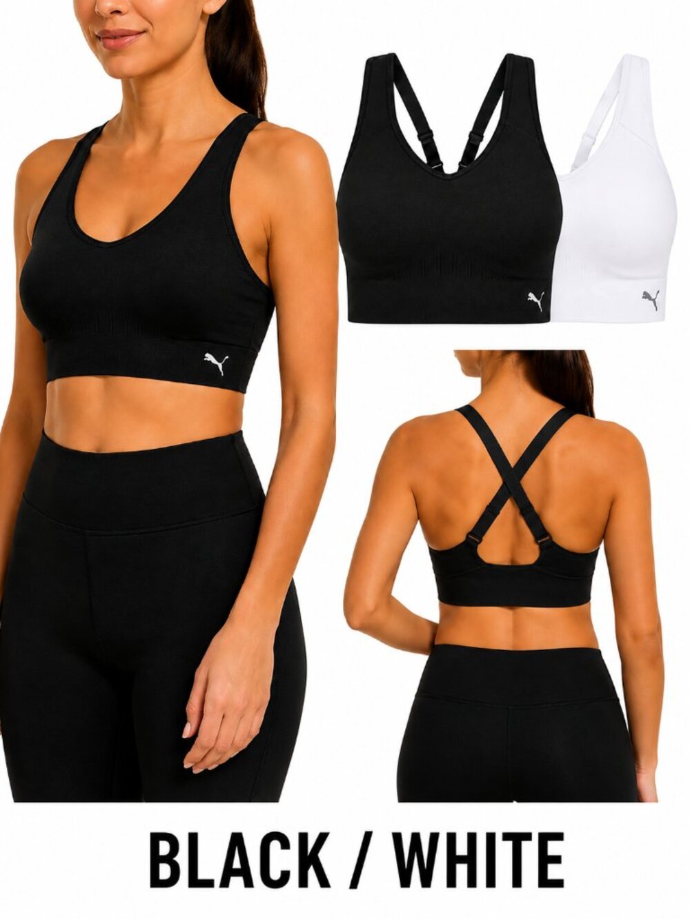PUMA 2 Pack Seamless Sports Bras Black White DRYCELL Large